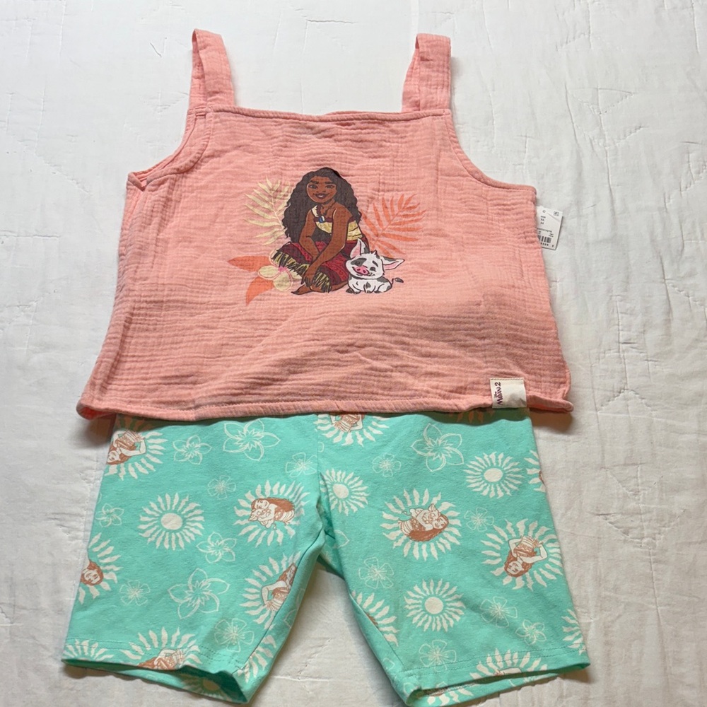 Disney‎ Moana 2 Girls XL 14 Pink Gauze Tank Top and Teal Bike Shorts Outfit Set